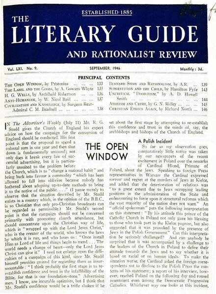 New Humanist – The Literary Guide September 1946 Cover