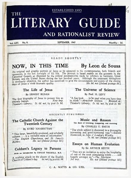 New Humanist – The Literary Guide September 1947 Cover