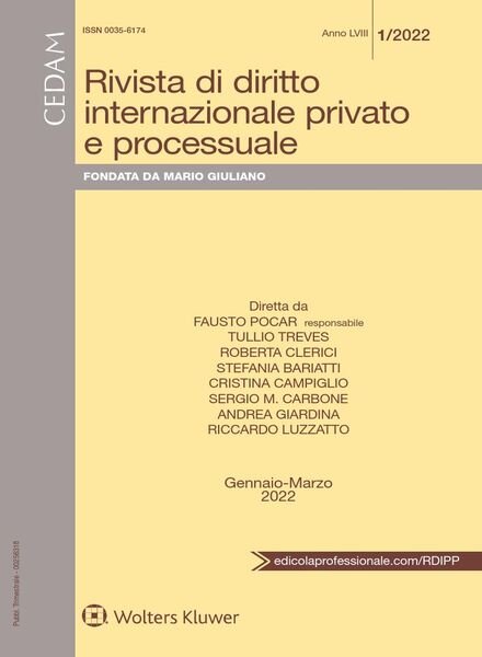 Rivista di Diritto Internazionale Privato e Processuale – Gennaio-Marzo 2022 Cover