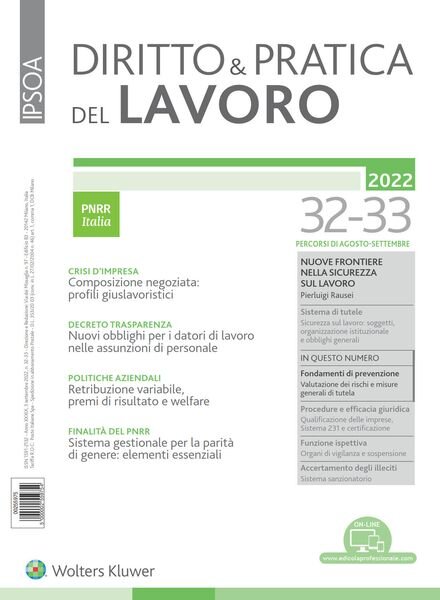 Diritto e Pratica del Lavoro – 3 Settembre 2022 Cover