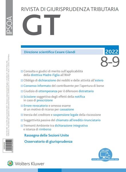GT Rivista di Giurisprudenza Tributaria – Agosto-Settembre 2022 Cover