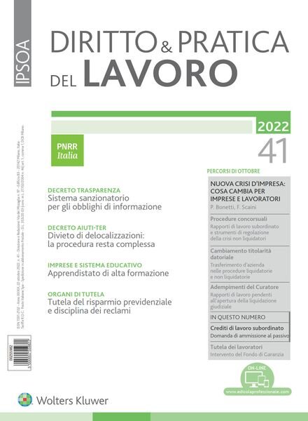 Diritto e Pratica del Lavoro – 22 Ottobre 2022 Cover