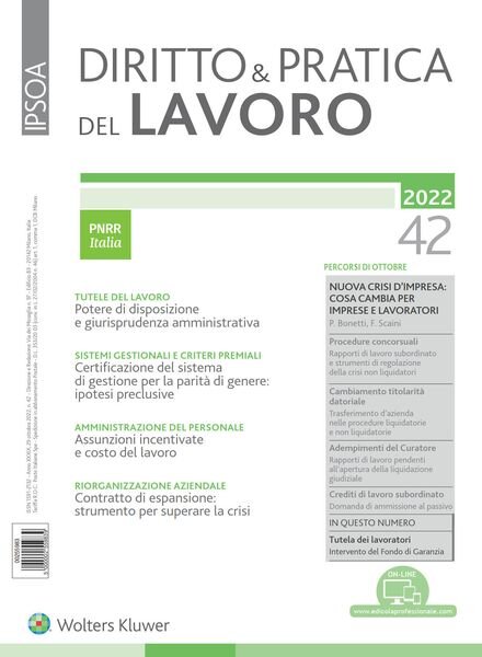 Diritto e Pratica del Lavoro – 29 Ottobre 2022 Cover