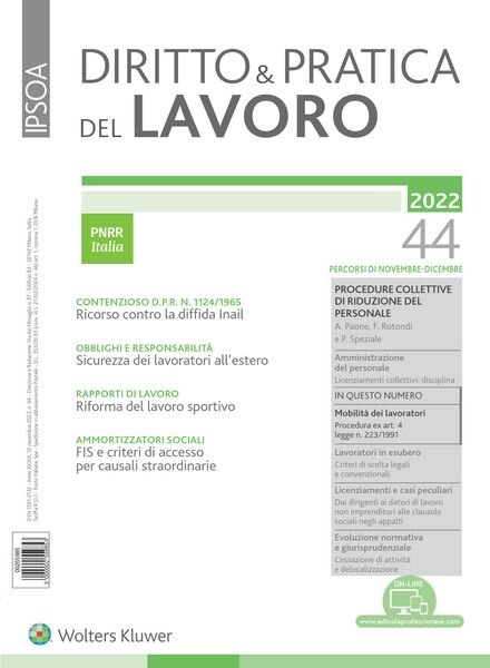 Diritto e Pratica del Lavoro – 12 Novembre 2022 Cover