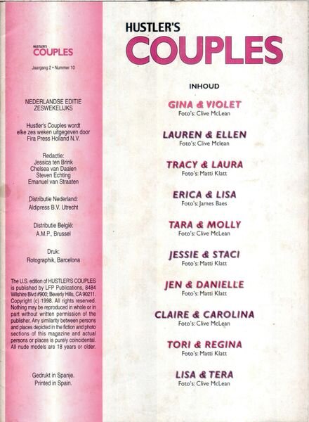 Hustler Couples Netherlands – Vol 02 N 10 1998 Cover